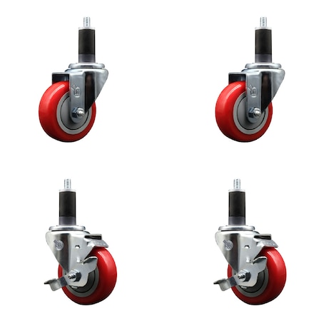 Service Caster 3.5'' SS Red Poly Wheel Swivel 1-1/4'' Expanding Stem Caster Set 2 Brakes, 4PK SCC-SSEX20S3514-PPUB-RED-2-TLB-2-114